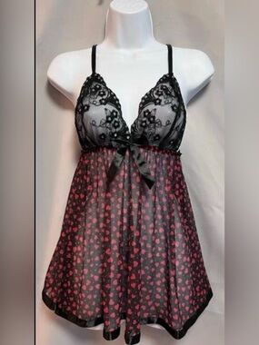 Victoria's Secret Black & Pink Heart-Print Babydoll Nighty